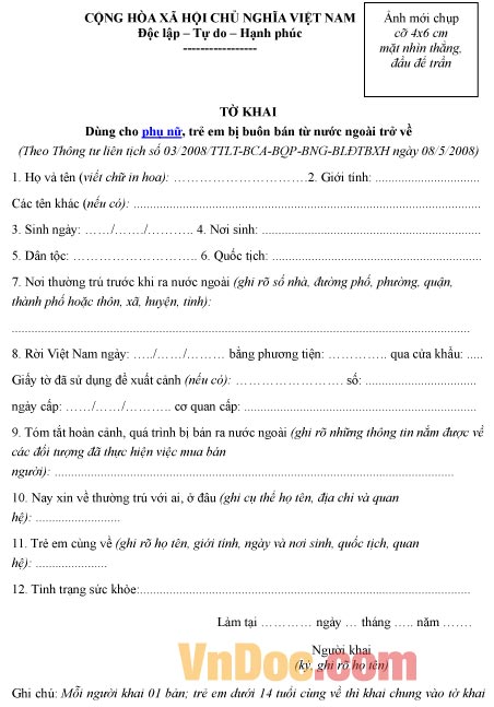 Mẫu tờ khai ghi chép dùng cho phụ nữ, trẻ em bị buôn bán từ nước ngoài trở về
