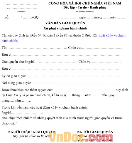 Mẫu văn bản giao quyền về việc xử phạt vi phạm hành chính