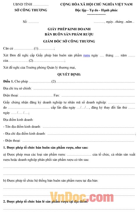 Mẫu giấy phép kinh doanh về việc bán buôn sản phẩm rượu