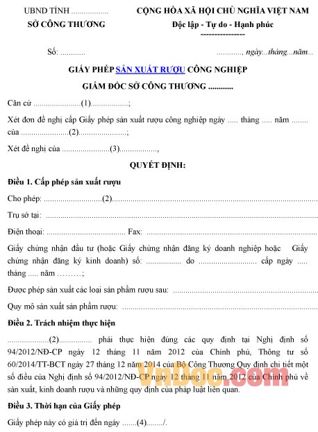 Mẫu giấy phép về việc sản xuất rượu công nghiệp