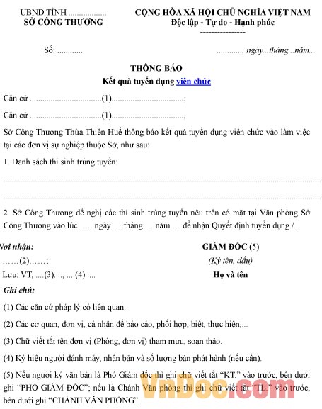 Mẫu thông báo về kết quả tuyển dụng viên chức