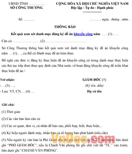 Mẫu thông báo về kết quả xem xét danh mục đăng ký đề án khuyến công