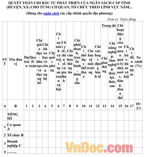 Mẫu quyết toán về việc chi đầu tư phát triển của ngân sách cấp tỉnh