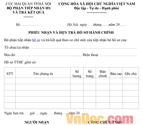 Mẫu phiếu ghi chép nhận và hẹn trả hồ sơ hành chính