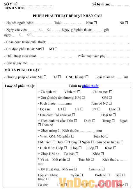 Mẫu phiếu ghi chép phẫu thuật bề mặt nhãn cầu