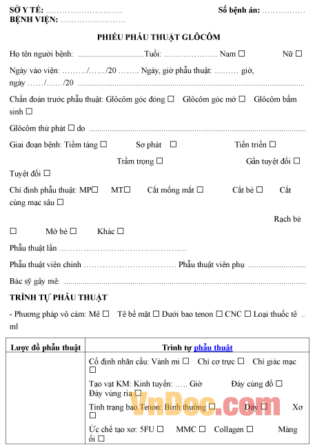 Mẫu phiếu ghi chép phẫu thuật glôcôm