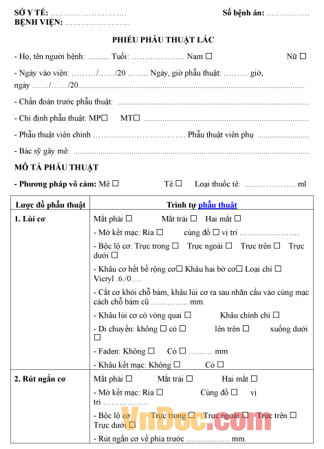 Mẫu phiếu ghi chép phẫu thuật lác