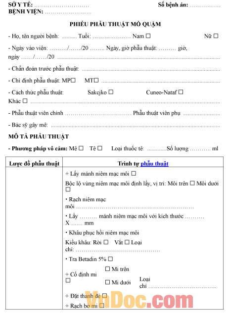 Mẫu phiếu ghi chép phẫu thuật mổ quặm