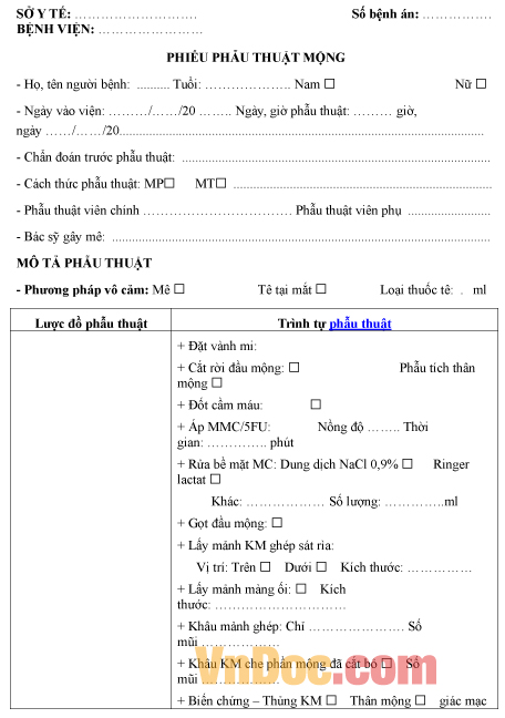 Mẫu phiếu ghi chép phẫu thuật mộng