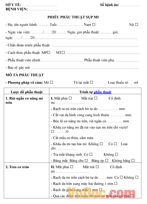 Mẫu phiếu ghi chép phẫu thuật sụp mi