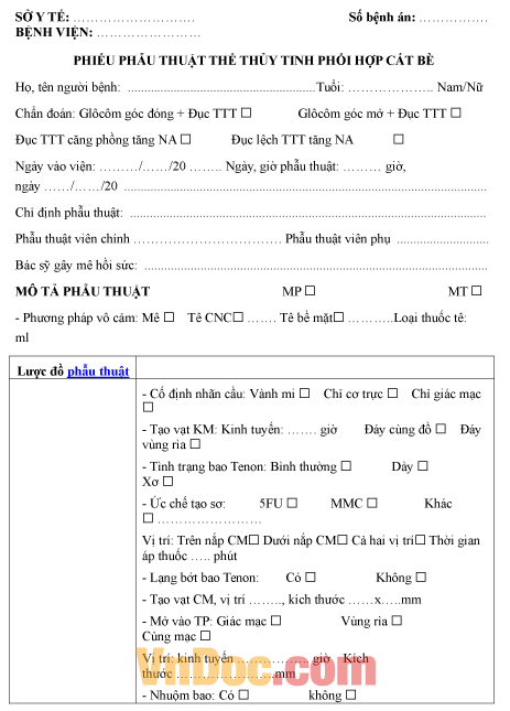 Mẫu phiếu ghi chép phẫu thuật thể thủy tinh phối hợp cắt bè