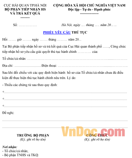 Mẫu phiếu yêu cầu về thủ tục