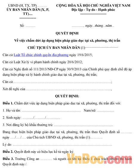 Mẫu quyết định về việc chấm dứt áp dụng biện pháp giáo dục tại xã, phường, thị trấn