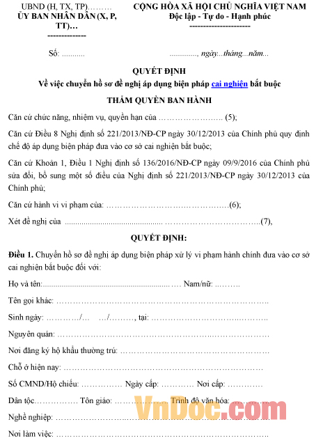 Mẫu quyết định về việc chuyển hồ sơ đề nghị áp dụng biện pháp cai nghiện bắt buộc