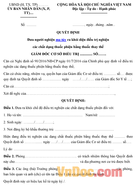 Mẫu quyết định về việc đưa người nghiện ma túy ra khỏi diện điều trị nghiện