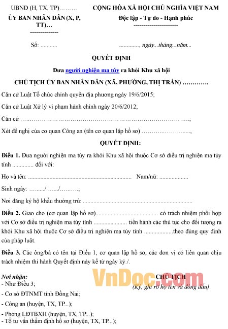 Mẫu quyết định về việc đưa người nghiện ma túy ra khỏi khu xã hội