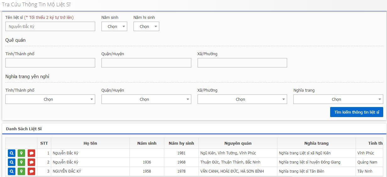 Cách tra cứu thông tin mộ liệt sỹ online