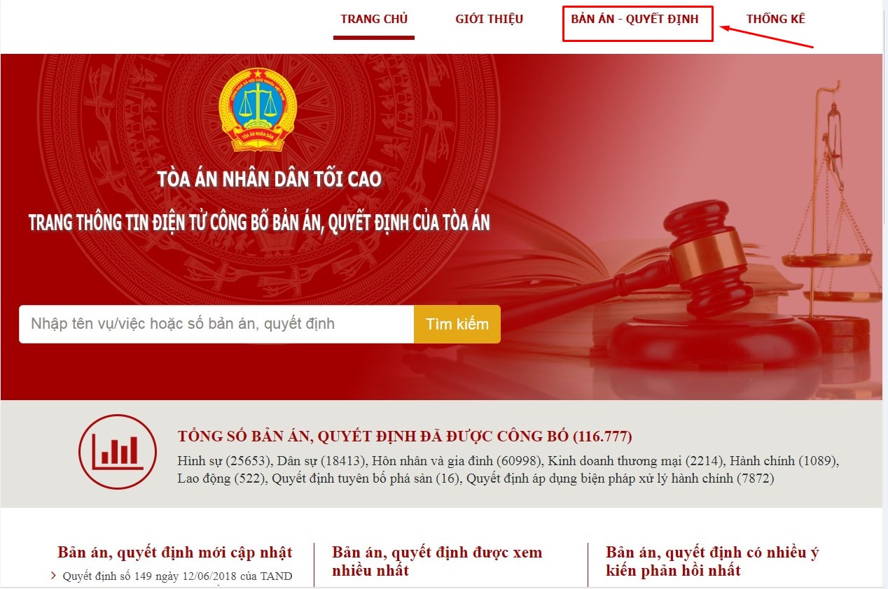 Hướng dẫn tra cứu bản án online