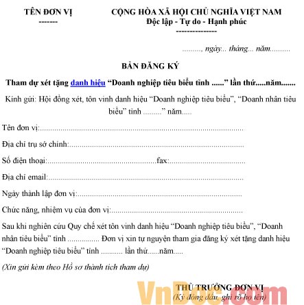 Mẫu bản đăng ký về việc tham dự xét tặng danh hiệu doanh nghiệp tiêu biểu