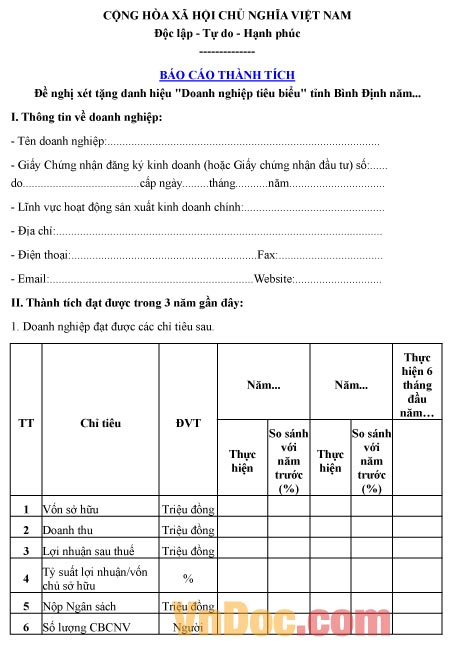 Mẫu báo cáo thành tích về việc đề nghị xét tặng danh hiệu doanh nghiệp tiêu biểu