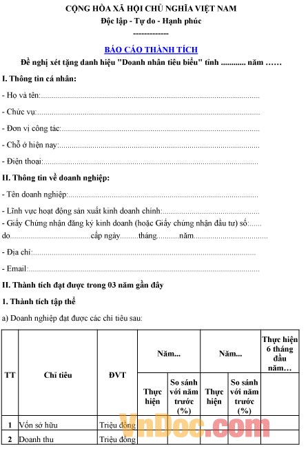 Mẫu báo cáo thành tích về việc đề nghị xét tặng danh hiệu doanh nhân tiêu biểu