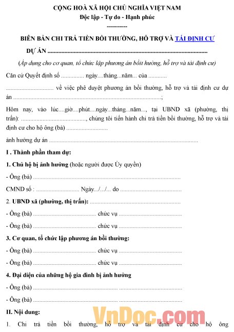 Mẫu biên bản ghi chép chi trả tiền bồi thường, hỗ trợ và tái định cư