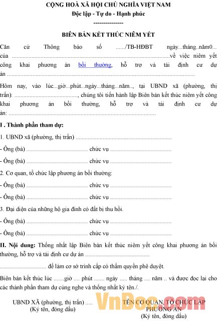 Mẫu biên bản ghi chép kết thúc niêm yết