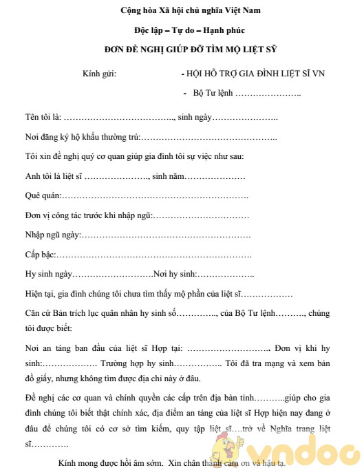 Mẫu đơn xin đi tìm mộ liệt sỹ