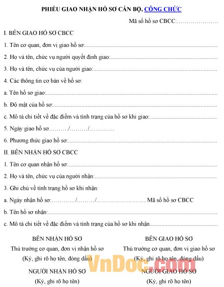 Mẫu 02b-BNV/2007 phiếu giao nhạn hồ sơ cán bộ, công chức