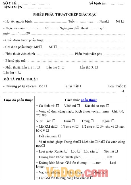 Mẫu phiếu ghi chép phẫu thuật ghép giác mạc