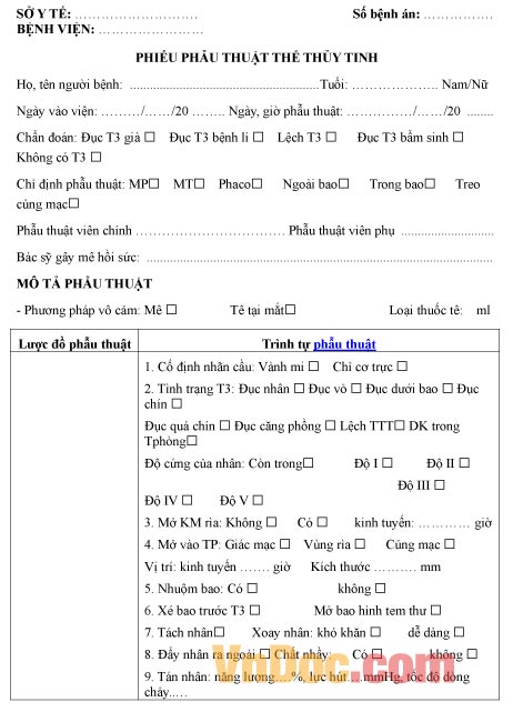 Mẫu phiếu ghi chép phẫu thuật thể thủy tinh