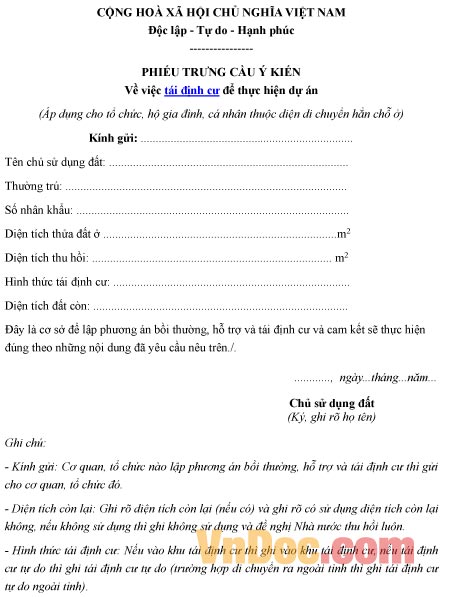 Mẫu phiếu trưng cầu ý kiến về việc tái định cư
