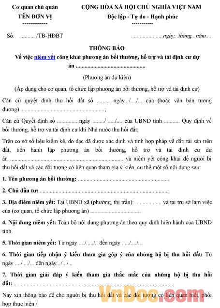Mẫu thông báo về việc niêm yết công khai phương án bồi thường, hỗ trợ và tái định cư
