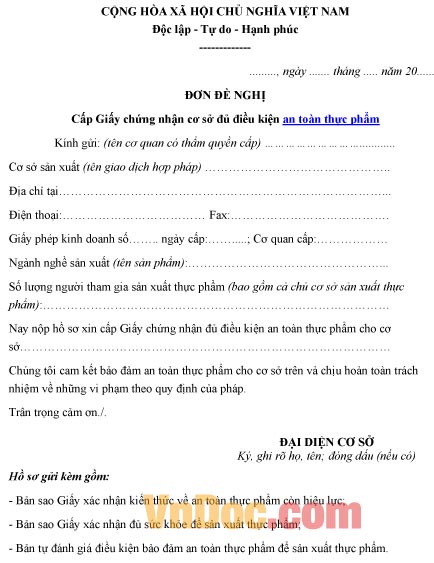 Mẫu đơn xin cấp giấy chứng nhận cơ sở đủ điều kiện an toàn thực phẩm