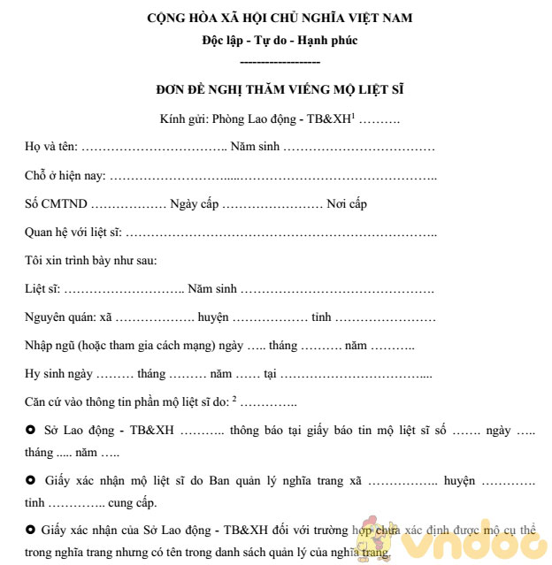 Mẫu đơn xin đi thăm viếng mộ liệt sỹ