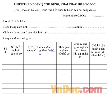 Mẫu 05b-BNV/2007 phiếu theo dõi việc sử dụng, khai thác hồ sơ CBCC