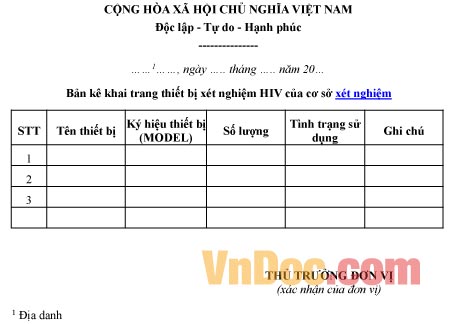 Mẫu bản kê khai về trang thiết bị xét nghiệm HIV của cơ sở xét nghiệm