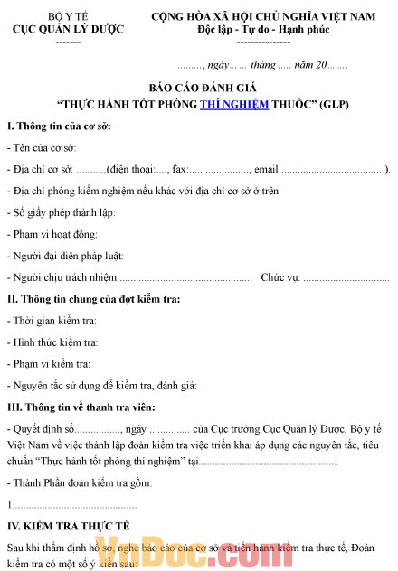 Mẫu báo cáo đánh giá về việc thực hành tốt phòng thí nghiệm thuốc