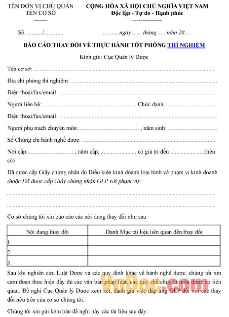 Mẫu báo cáo thay đổi về thực hành tốt phòng thí nghiệm