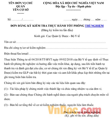 Mẫu đơn đăng ký về việc kiểm tra thực hành tốt phòng thí nghiệm