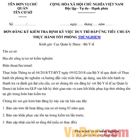 Mẫu đơn đăng ký về việc kiểm tra tiêu chuẩn thực hành tốt phòng thí nghiệm