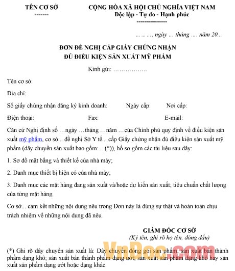 Mẫu đơn xin cấp giấy chứng nhận đủ điều kiện sản xuất mỹ phẩm