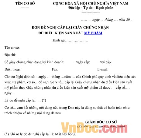 Mẫu đơn xin cấp lại giấy chứng nhận đủ điều kiện sản xuất mỹ phẩm