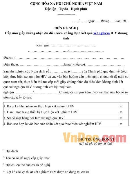 Mẫu đơn xin cấp mới giấy chứng nhận khẳng định kết quả xét nghiệm HIV dương tính