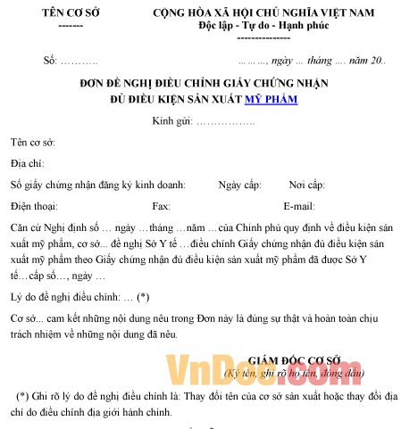 Mẫu đơn xin điều chỉnh giấy chứng nhận đủ điều kiện sản xuất mỹ phẩm