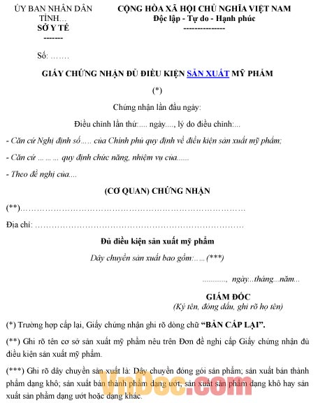 Mẫu giấy chứng nhận về việc đủ điều kiện sản xuất mỹ phẩm