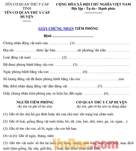 Mẫu giấy ghi chép chứng nhận tiêm phòng động vật
