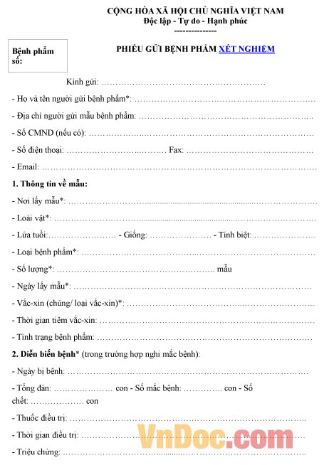 Mẫu phiếu gửi bệnh phẩm để xét nghiệm
