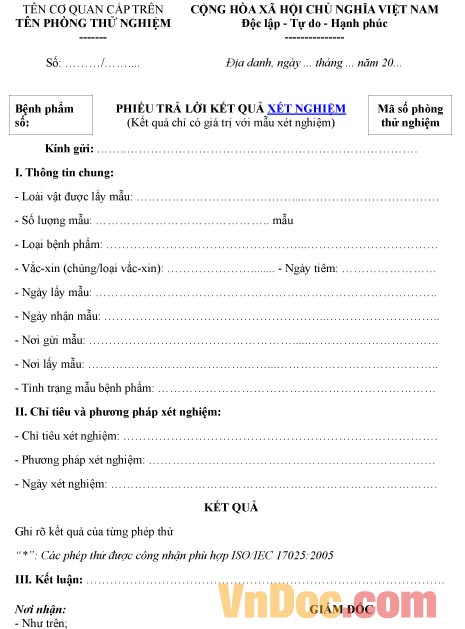Mẫu phiếu ghi chép trả lời kết quả xét nghiệm