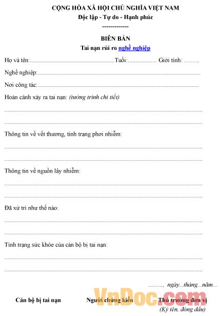 Mẫu biên bản ghi chép tai nạn rủi ro nghề nghiệp